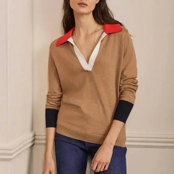 Boden Collar Colorblock Sweater in Camel Melange Size 4 - Picture 2 of 8